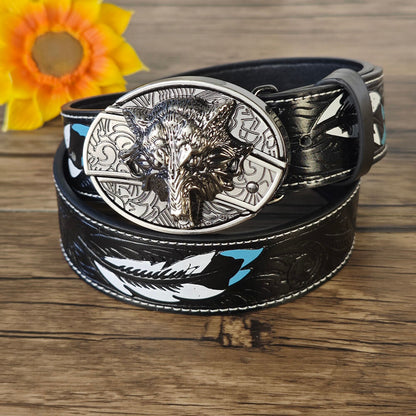 Feather Embossed Black Leather Belt