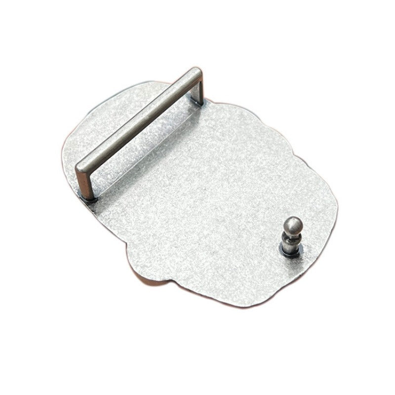 Back view of silver elephant head western belt buckle showing belt clasp and hook.
