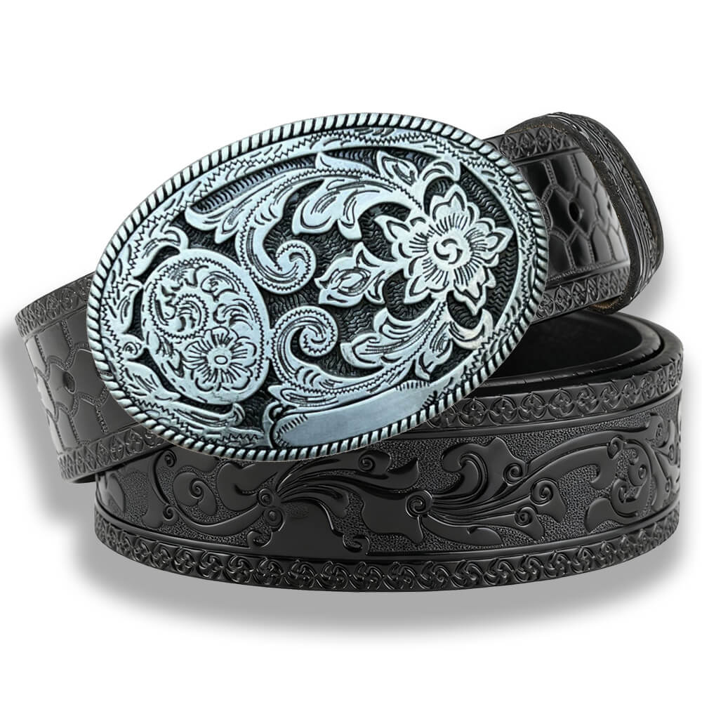 Vintage Floral Engraved Western Embossed Leather Belt