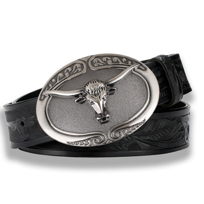 Vintage Silver Texas Longhorn Bull Embossed Leather Belt