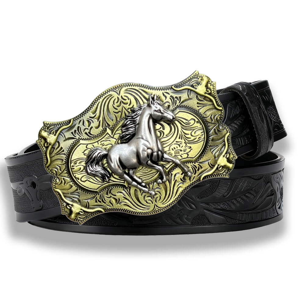 Galloping Horse Western Bull Embossed Leather Belt