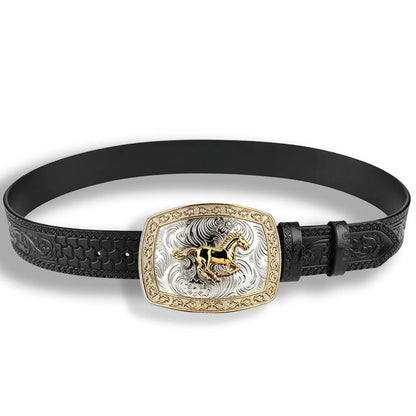 Two-Tone Galloping Horse Western Leather Belt