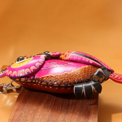 Handmade Leather Vibrant Magenta 3D Owl Coin Purse & Wristlet Pouch