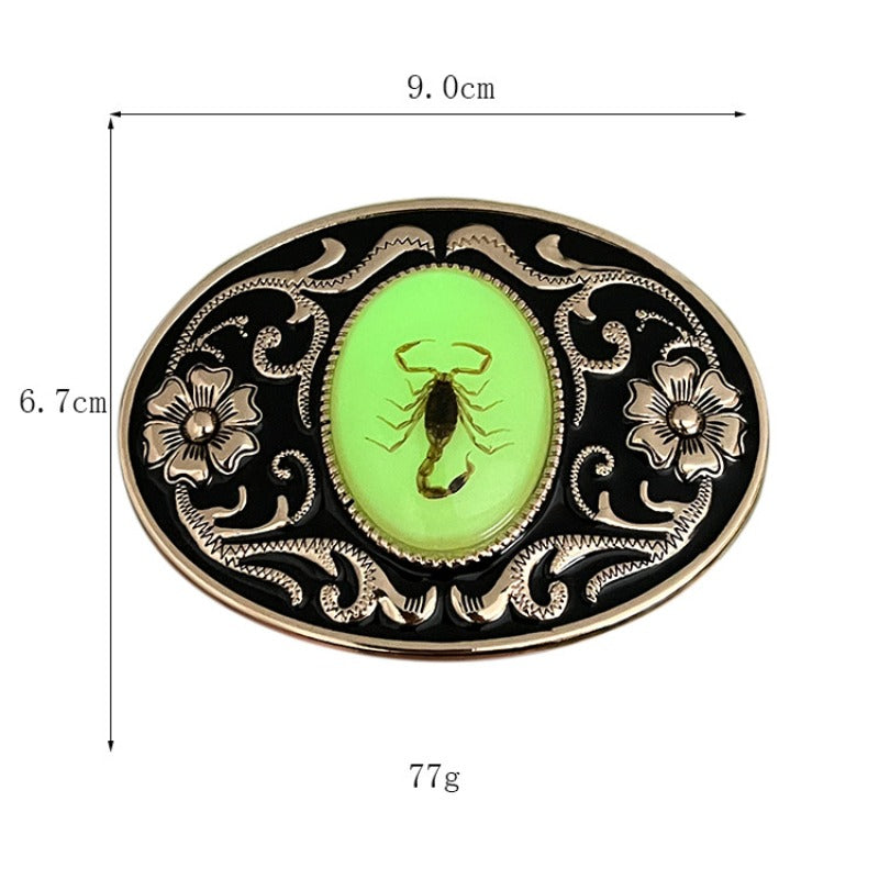 Glow-in-the-dark scorpion buckle with size chart for standard belts.