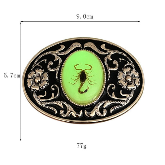 Glow-in-the-dark scorpion buckle with size chart for standard belts.