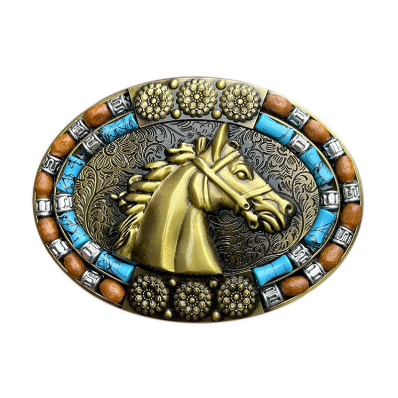 Western belt buckle featuring horse head design with turquoise inlay