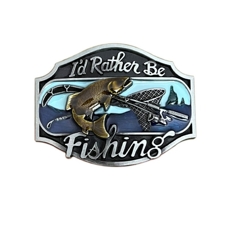 Bronze style "I'd Rather Be Fishing" belt buckle with engraved fish and bold lettering.
