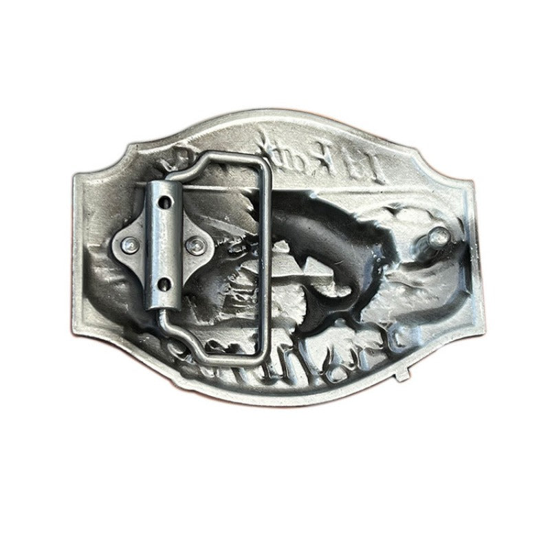 Back side of classic "I'd Rather Be Fishing" belt buckle showing clasp mechanism.