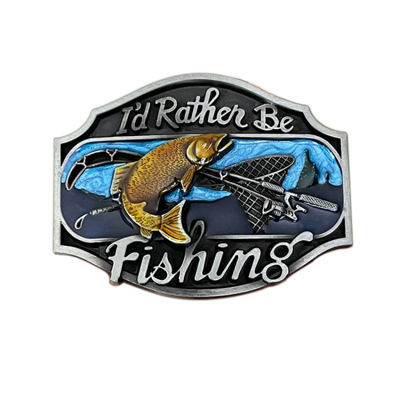 Classic style "I'd Rather Be Fishing" belt buckle with engraved fish and bold lettering.