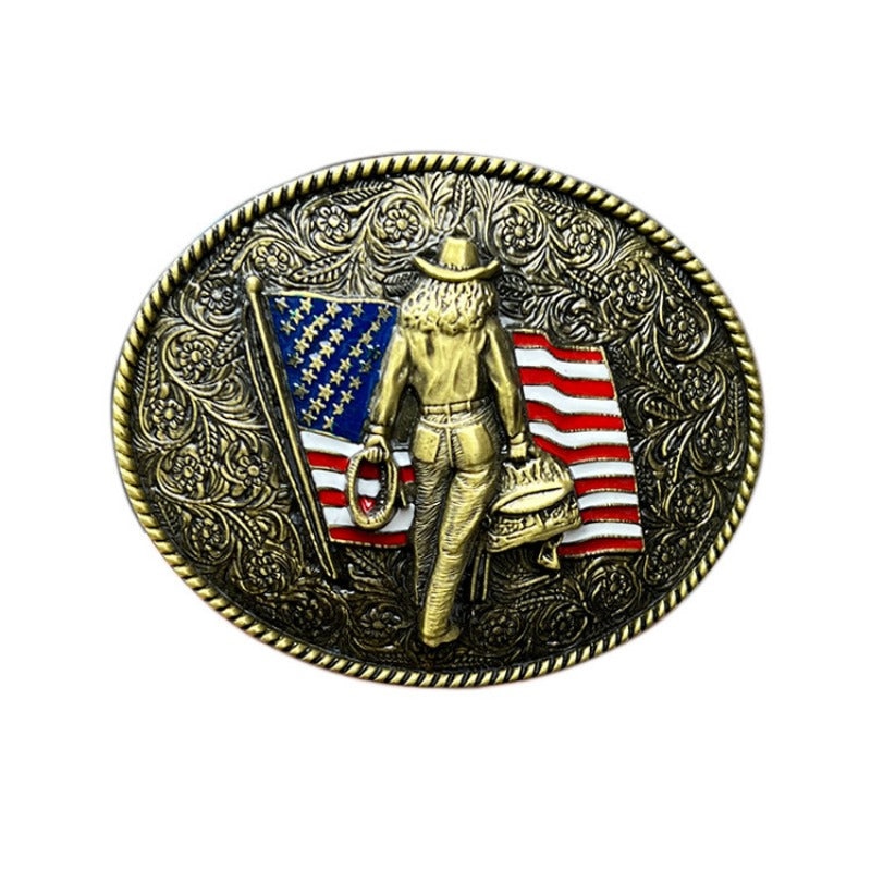 Bronze cowboy belt buckle with American flag, western patriotic style.