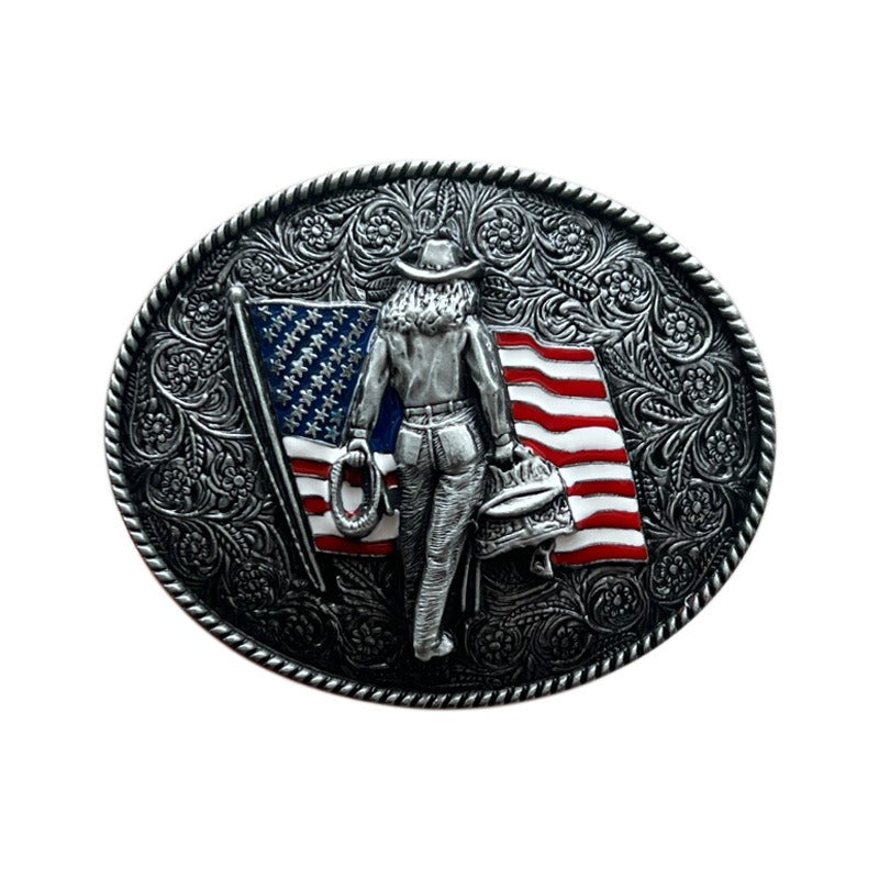 Silver cowboy belt buckle featuring U.S. flag, rugged western design.
