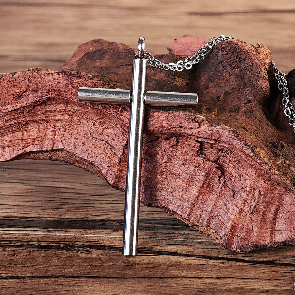 Closed safety cross necklace with minimalist religious pendant design.