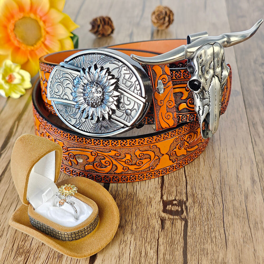 Western outfit with orange embossed belt, sunflower buckle with hidden tool, bull skull necklace, and sunflower ring