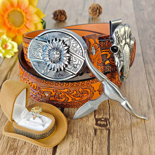 Western outfit with orange embossed belt, sunflower buckle with hidden tool, bull skull necklace, and sunflower ring
