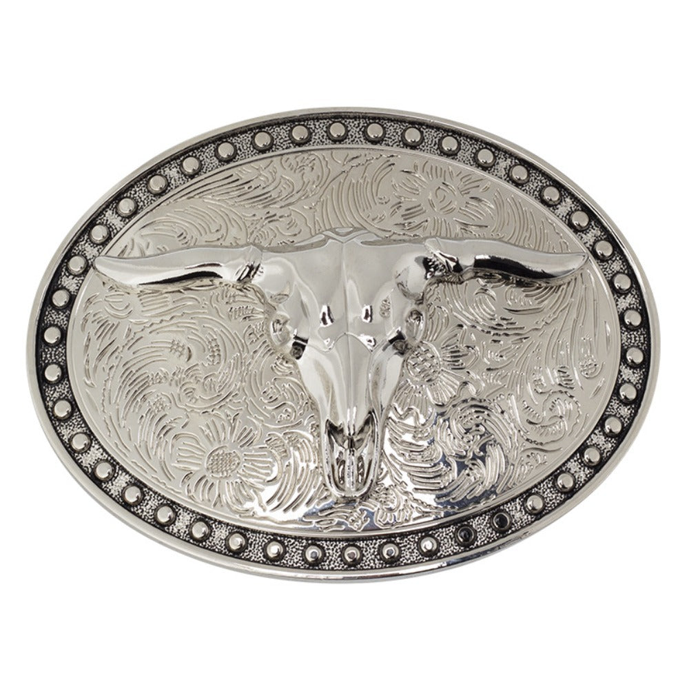 Western cowboy belt buckle with a Texas bull skull and vintage floral detail