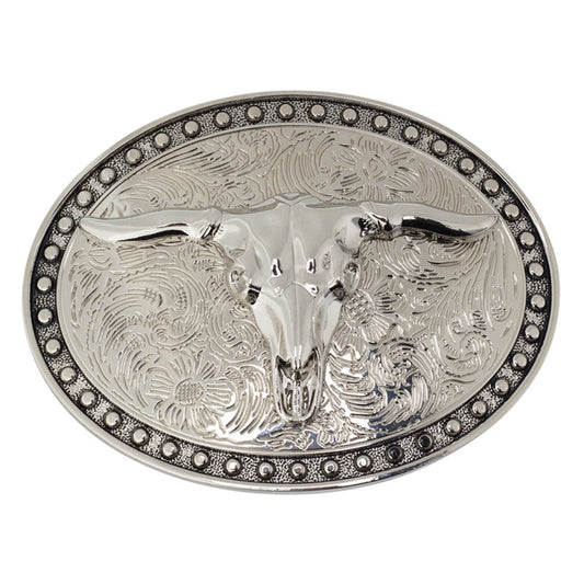 Western cowboy belt buckle with a Texas bull skull and vintage floral detail