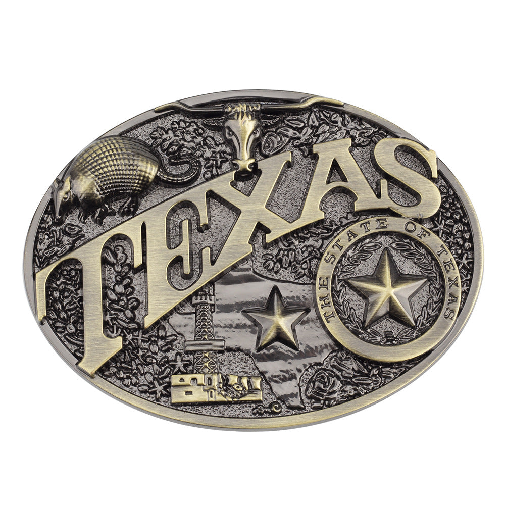 Texas Longhorn belt buckle with five-pointed star and bull head design
