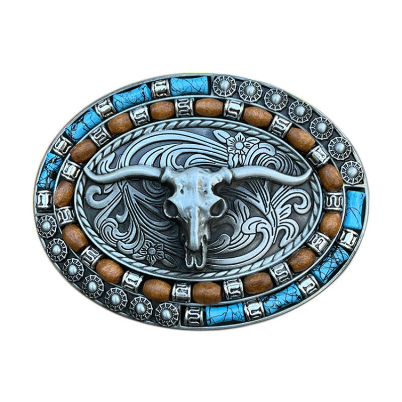 Western belt buckle with horned skull and turquoise stone in gothic style
