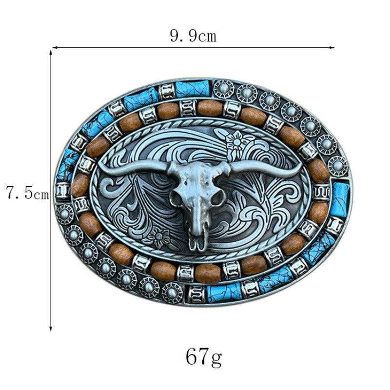 Western belt buckle with horned skull and turquoise stone in gothic style