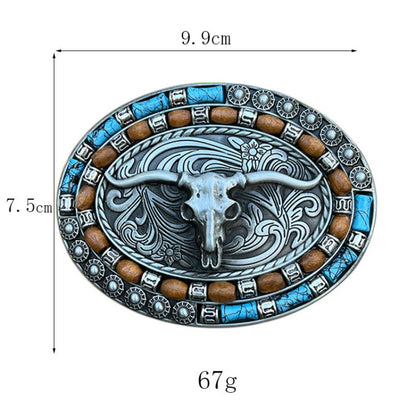 Western belt buckle with horned skull and turquoise stone in gothic style