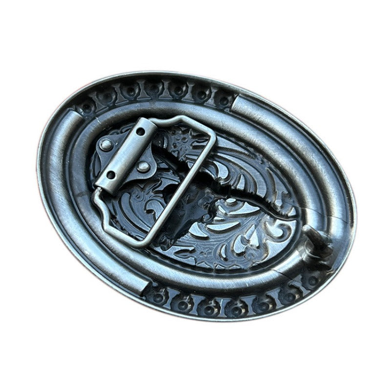 Western belt buckle with horned skull and turquoise stone in gothic style