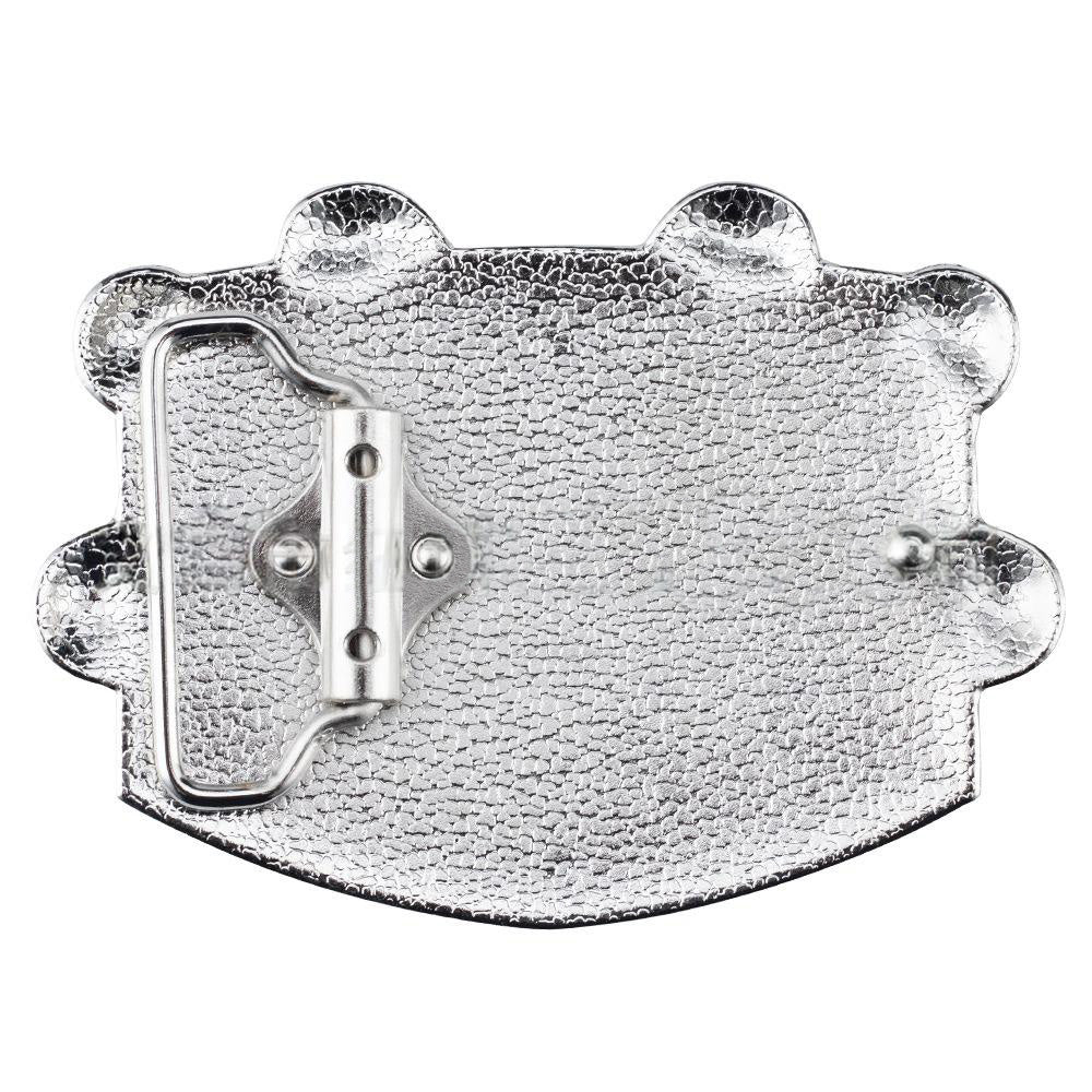 Back view of USA flag belt buckle showing clasp and attachment loop