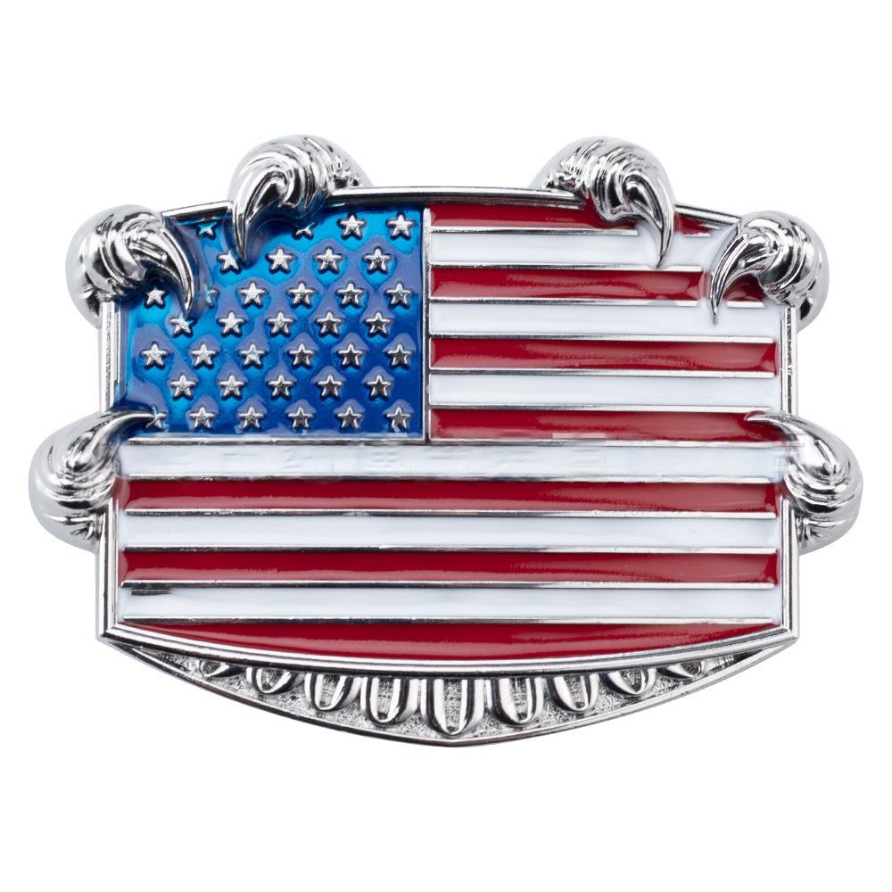 Belt buckle with USA flag gripped by eagle claw, patriotic western style