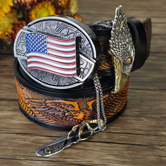 Western men’s accessory set with black leather belt and eagle pendant necklace, featuring hidden tool buckle