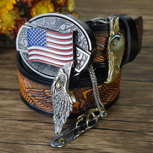 Western men’s accessory set with black leather belt and eagle pendant necklace, featuring hidden tool buckle
