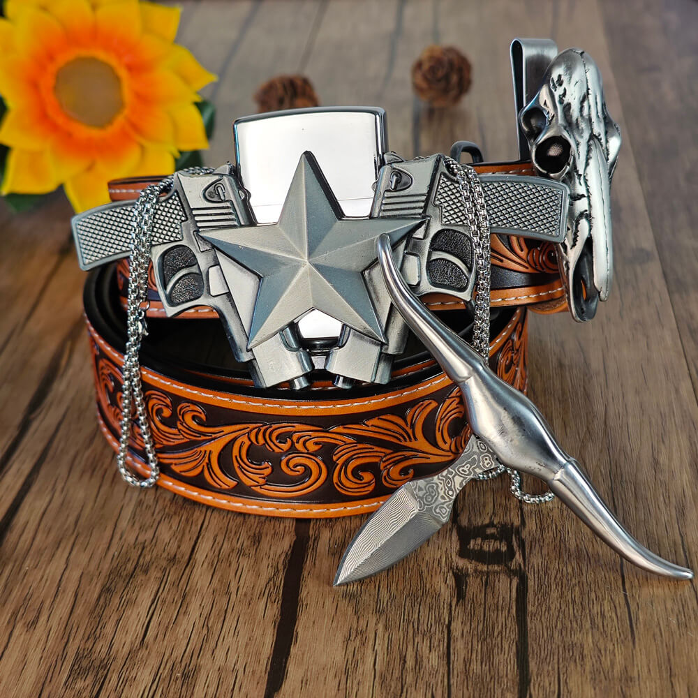 Western-style belt with lighter buckle and EDC ram skull necklace set
