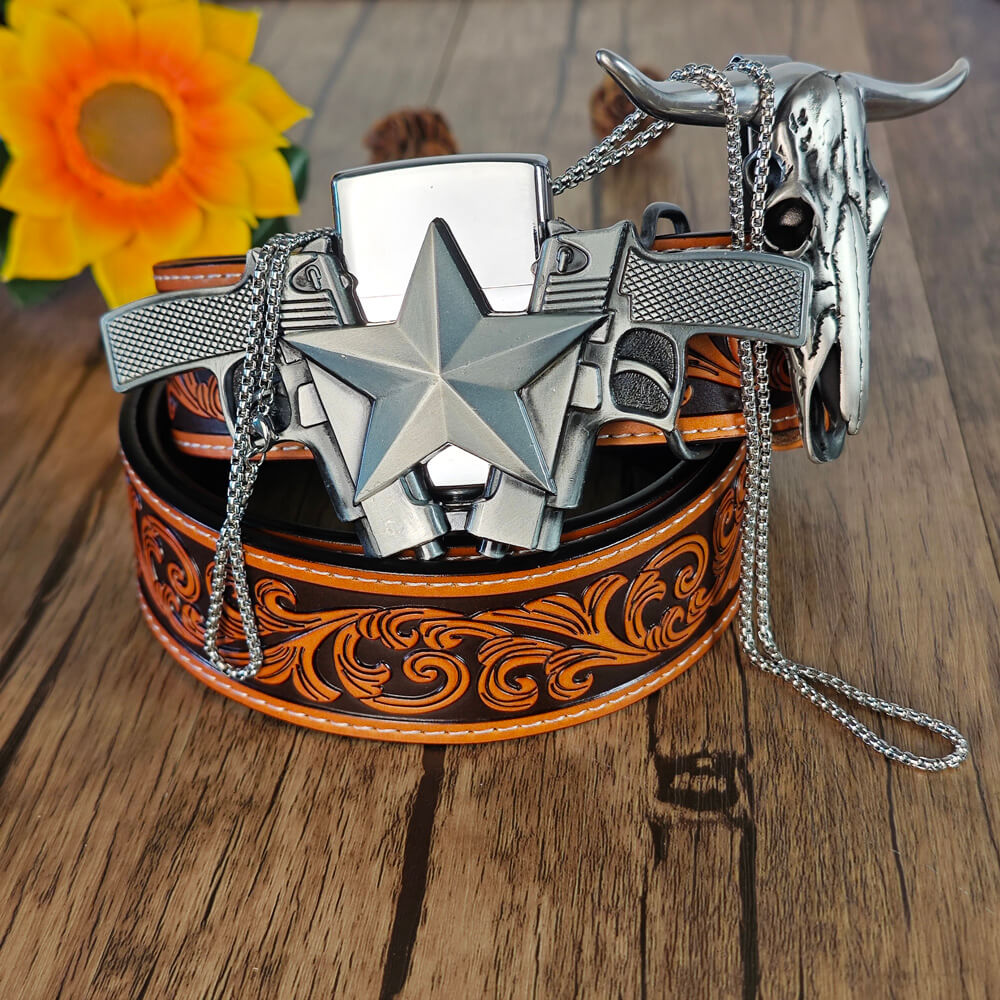 Western-style belt with lighter buckle and EDC ram skull necklace set

