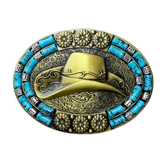 Cowboy hat design belt buckle in silver with turquoise detail – Western style