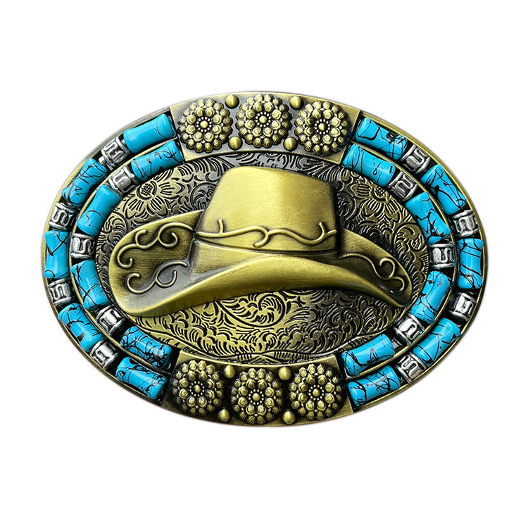 Cowboy hat design belt buckle in silver with turquoise detail – Western style