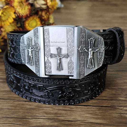 Western black embossed leather belt with cross fire lighter buckle, men’s cowboy accessory