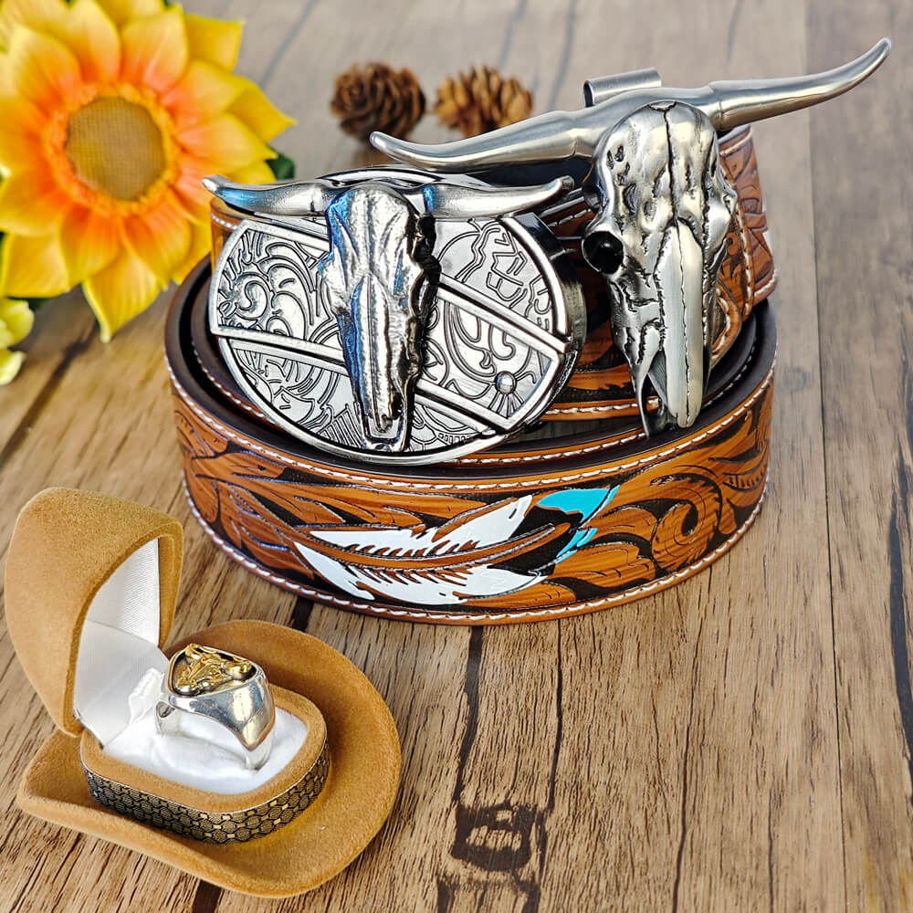 Western set with embossed leather belt, bull head buckle with hidden tool, bull skull necklace, and bull head ring