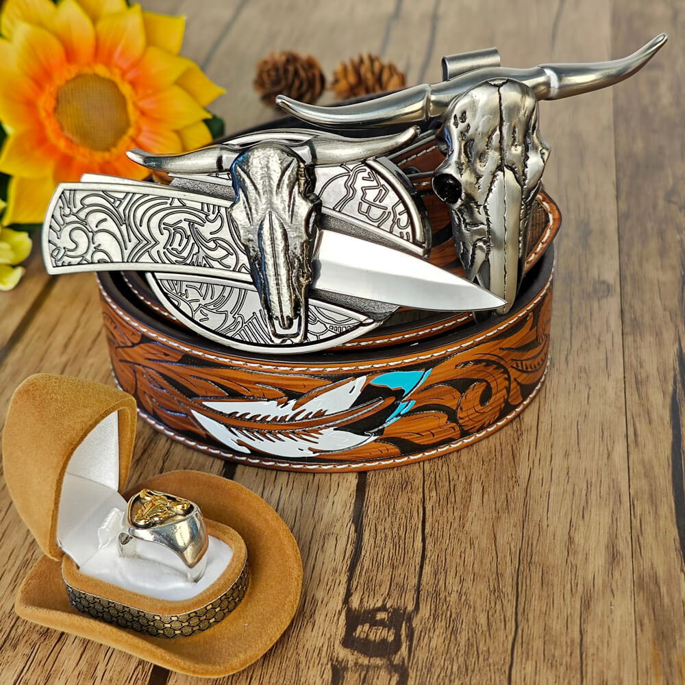 Western set with embossed leather belt, bull head buckle with hidden tool, bull skull necklace, and bull head ring