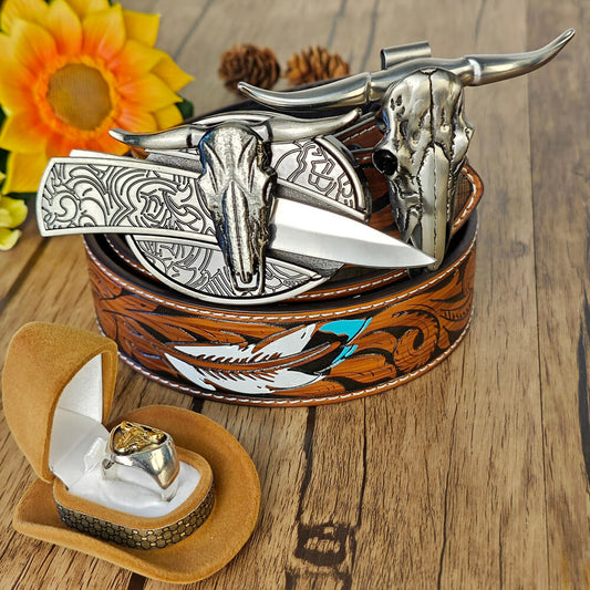 Western set with embossed leather belt, bull head buckle with hidden tool, bull skull necklace, and bull head ring