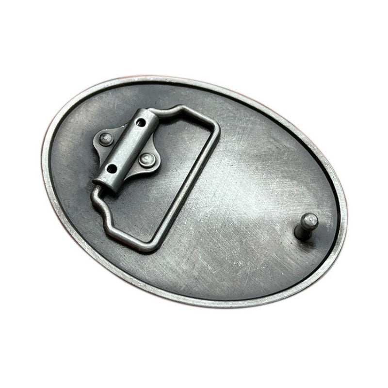 Back of western goat head belt buckle showing clasp and loop.