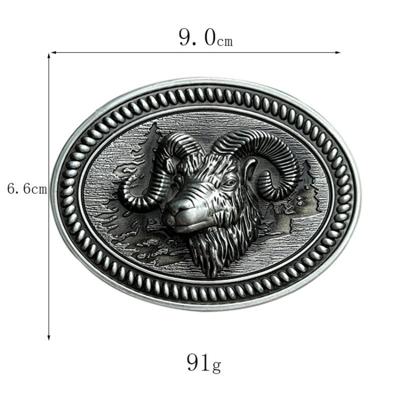 Goat head western belt buckle with size chart for standard belts.