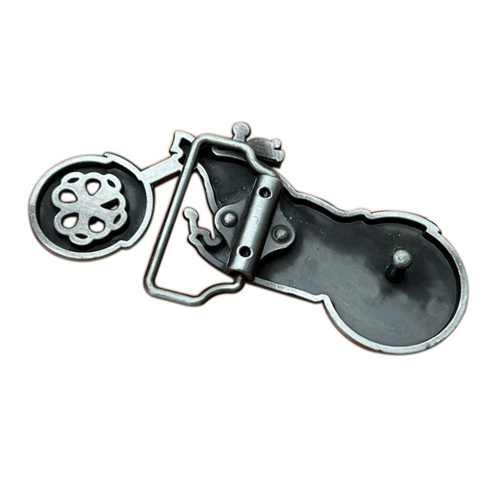 Back side of blue western motorcycle belt buckle showing clasp and metal loop attachment.