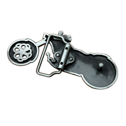 Back side of blue western motorcycle belt buckle showing clasp and metal loop attachment.