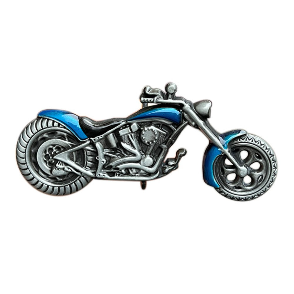 Western motorcycle-style belt buckle in blue with detailed bike engraving and bold metallic frame.