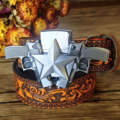 Western-style orange embossed belt with hidden lighter buckle