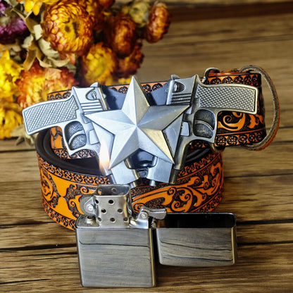 Western-style orange embossed belt with hidden lighter buckle