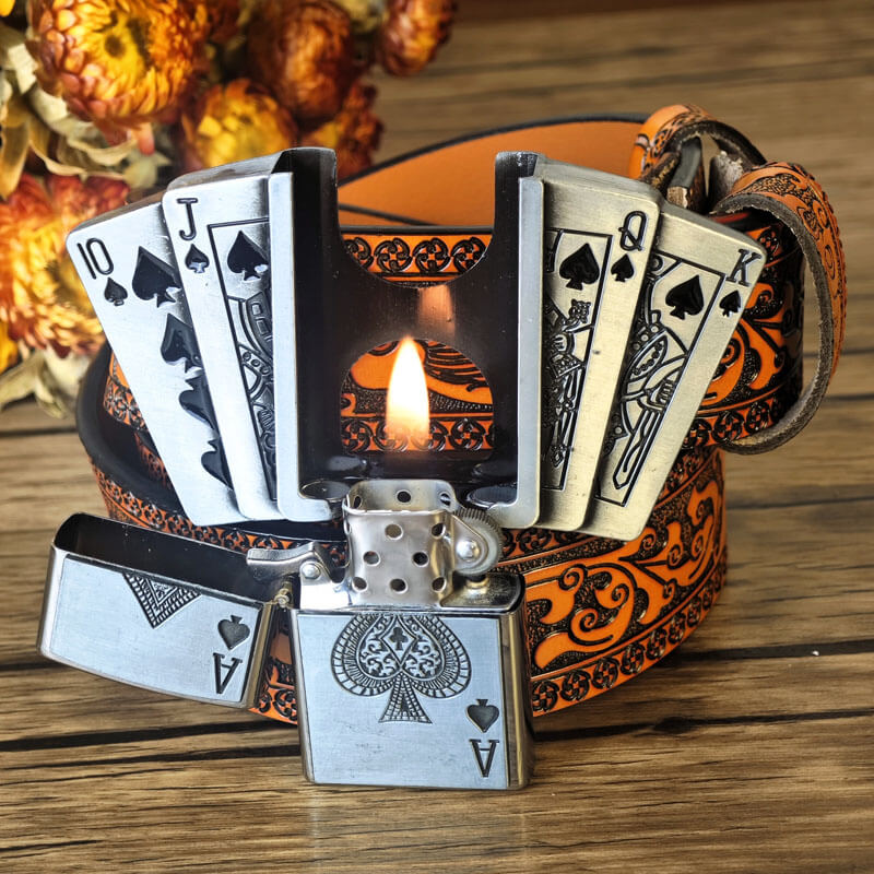 Western-style orange embossed belt with hidden lighter buckle